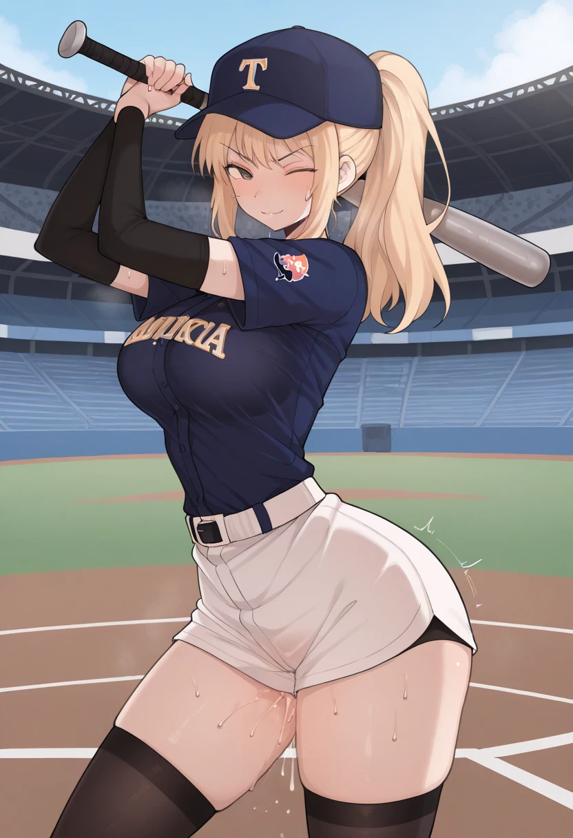 the woman is holding a baseball bat and is big chested with big tit's and a baseball, 1girl, breasts, ass, solo, blonde hair, blue eyes, gigantic breasts, smile, huge breasts, short hair, baseball uniform, hat, grin, shorts, baseball cap, anus, pussy, huge ass, baseball bat, sportswear, looking at viewer