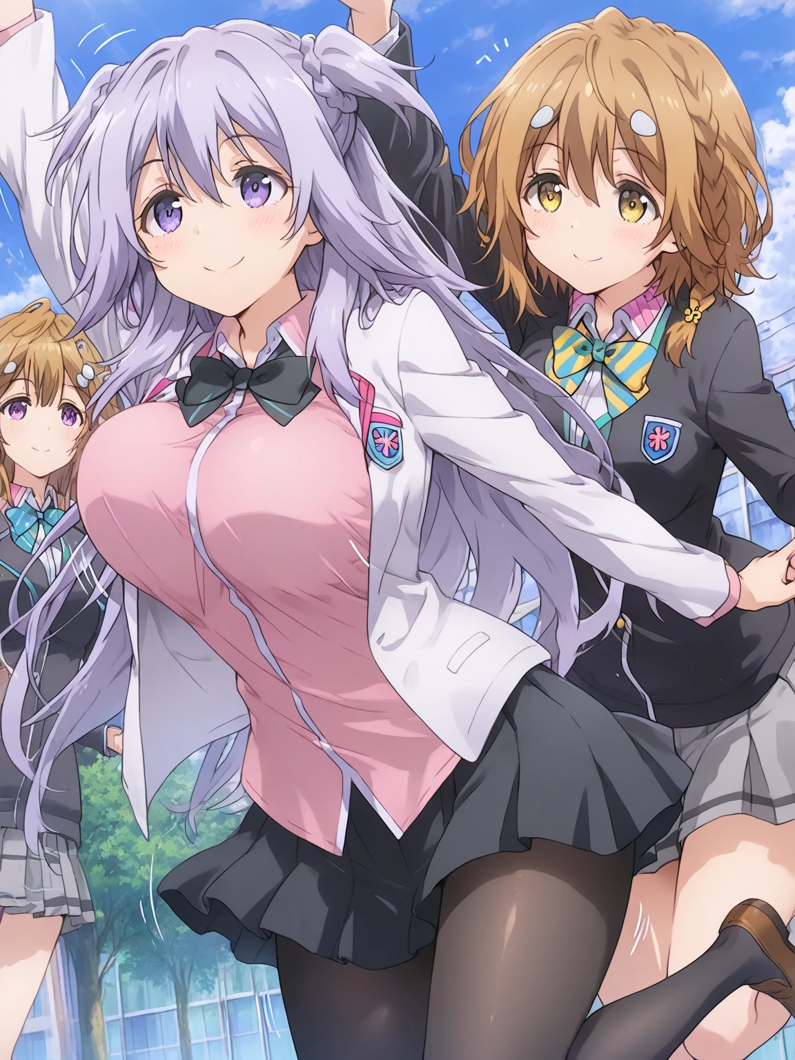 (best quality:1.5, highres, UHD, 4K, detailed lighting, shaders), wavy hair, gyaru, large breasts, short sleeve , cleavage, unbuttoned shirt, bra, sexy, skirt, (pov, close shot), earrings, smiling, standing, classroom background (masterpiece, best quality, hi res:1.2), 1girl, (solo:1.2), pklacey, detailed skin, street, park, trees, grass, backlessclothes, backless dress, purple dress, close-up portrait of an anime heroine full of confidence and mischief of the background of character selection of a group of anime girls with eyes of different colors, kantai collection style, full body, kantai collection gallery, arte oficialwork, personajes de azur carril, arte oficial, chicas de primera linea style, clear and sharp rpg portrait, character selection portrait, Also, 8K!!, Ilustraciones oficiales del anime., chicas de primera linea cg, finos detalles. chicas de primera linea, chicas de primera linea universe