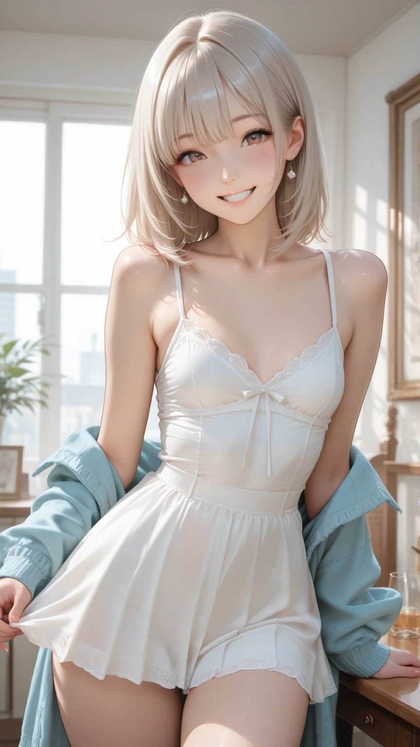 Girly, anime style, translucent white gauze dress, semi-nude, white stockings, love eyes, legs apart, frowning and smiling, hugging