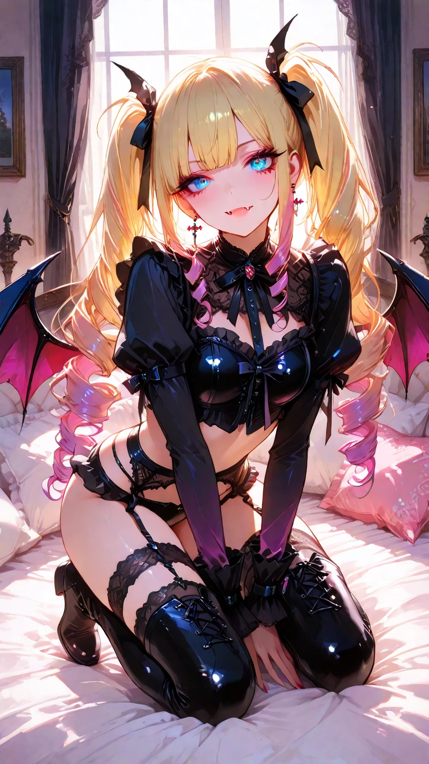 masterpiece,1girl,solo,cat ears,twintails, hair over one eye, demon_wings,small breasts, blue_eyes, blush,open mouth, low wings, torn legwear, (kneeling:1.3),bound arms, ((bondage)),shibari,rope,(arms behind back:1.4),indoors,