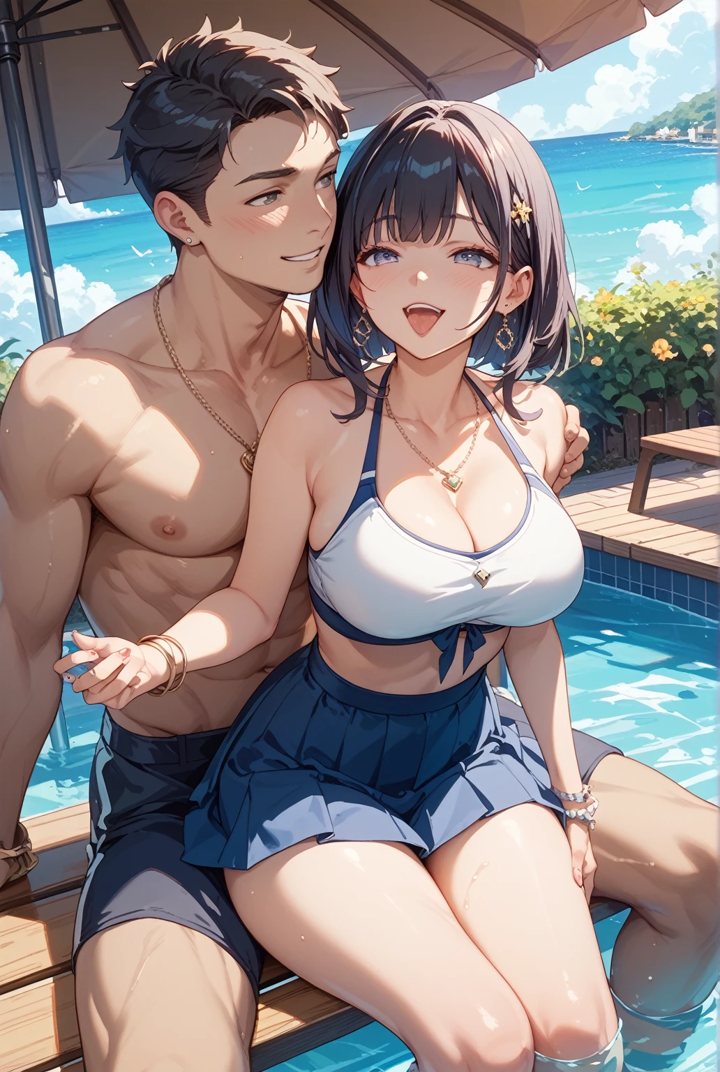score_9, score_8_up, score_7_up, score_6_up, best quality, source_anime, 1girl, brown hair, brown eyes, short hair, big breasts, bikini, cleavage, standing, nsfw, 1boy, faceless male, size difference, grabbing breasts from behind, netorare, cowboy shot, blush