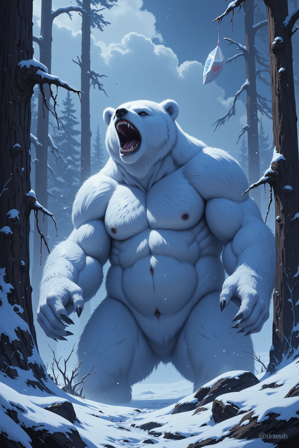 (Obese, Overweight, male, anthro, polar bear), luminiscent cyan eyes, nude, fundoshi, big bulge, black nipples, fat pad, thick thighs, an intricate view of swirling luminism, ultra detailed and detailed acrylic, shimmering moody sky, deep winter, glowing black neon icicles, digital enamel painting, extremely detailed, filigree, dynamic animated pose, exceptional quality