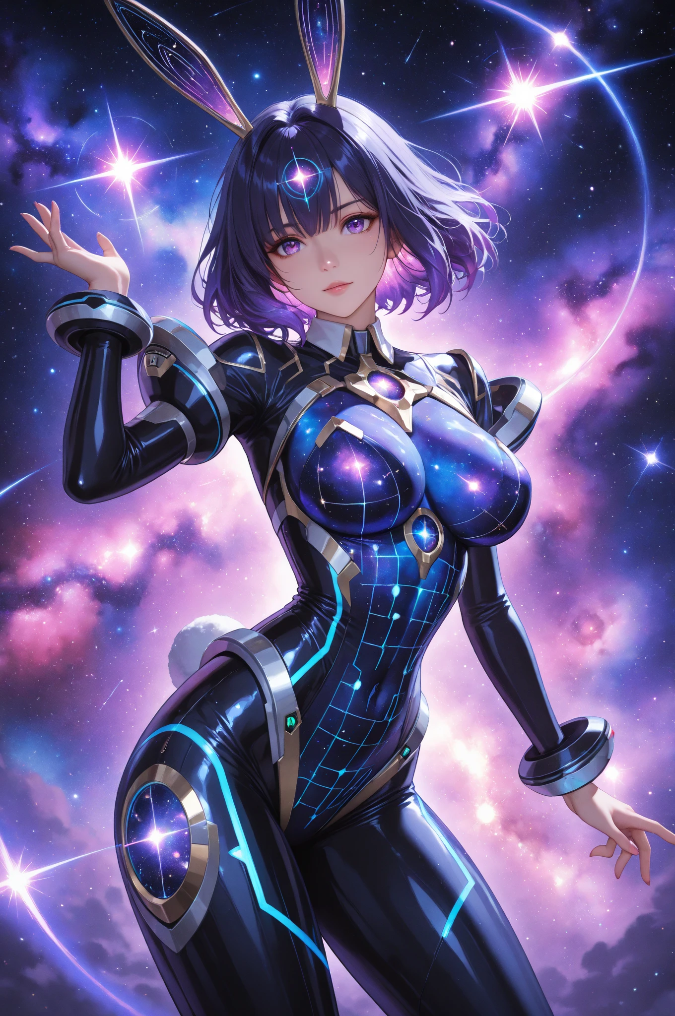 (test123455),anime style, Waifu, skinny, warm weather, vivid colors, space, star, purple hair, anime, planets, cinematic shading, CG anime, best quality, red leotard, --auto --s2