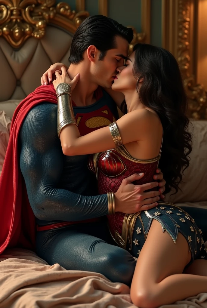 Make the Wonder Woman character very sexy with a short costume kissing Superman