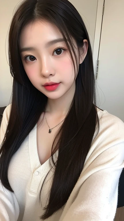selfie angle,Hair color with black highlights,,posing,Small sexy,reality,,Fashionable outfit,,Off Shoulder,,White skin,White complexion,long hair,Selfie angle photo,Cold expression