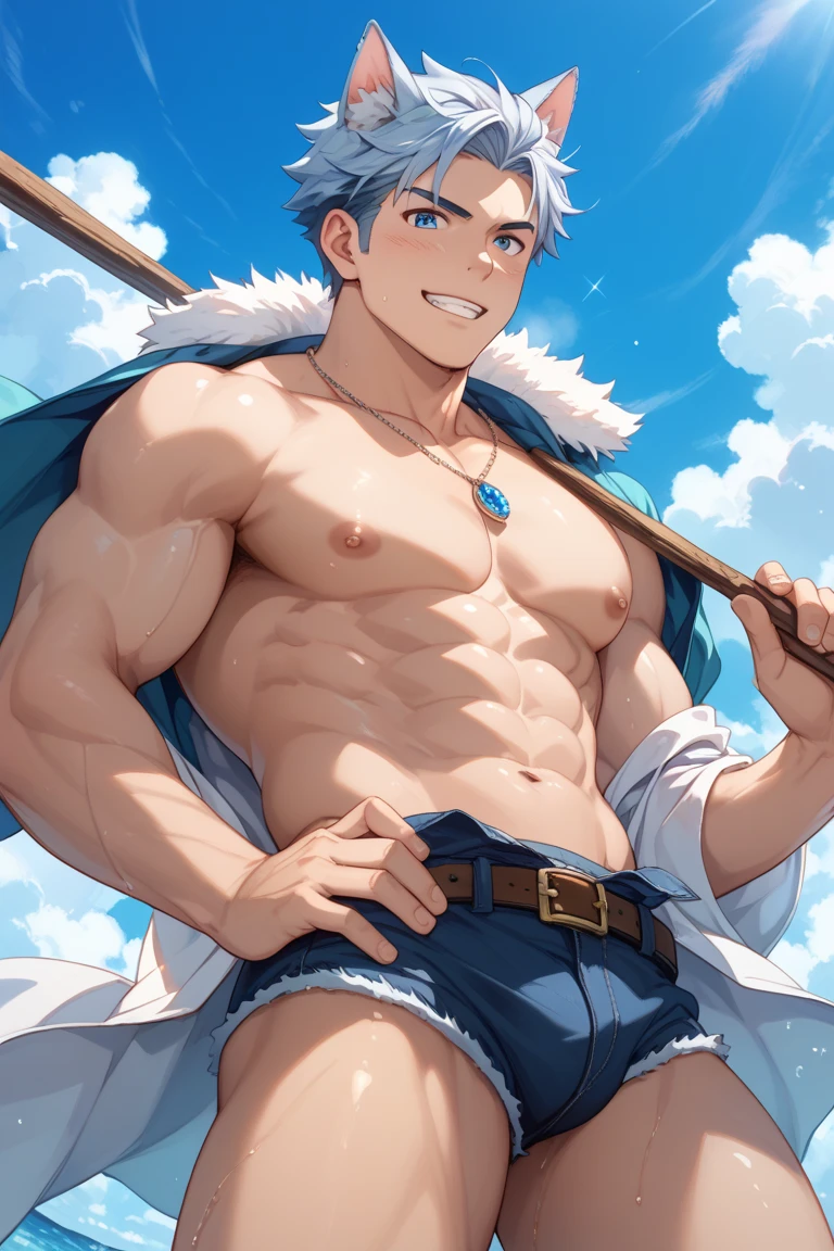 score_9, score_8_up, score_7_up, score_6_up, score_5_up, score_4_up, male focus, source_anime, bara, grimace, vector_art, flat 2d:1.2), pirate, sea, shirtless, stubble, sleeveless blue jacket, closed_mouth