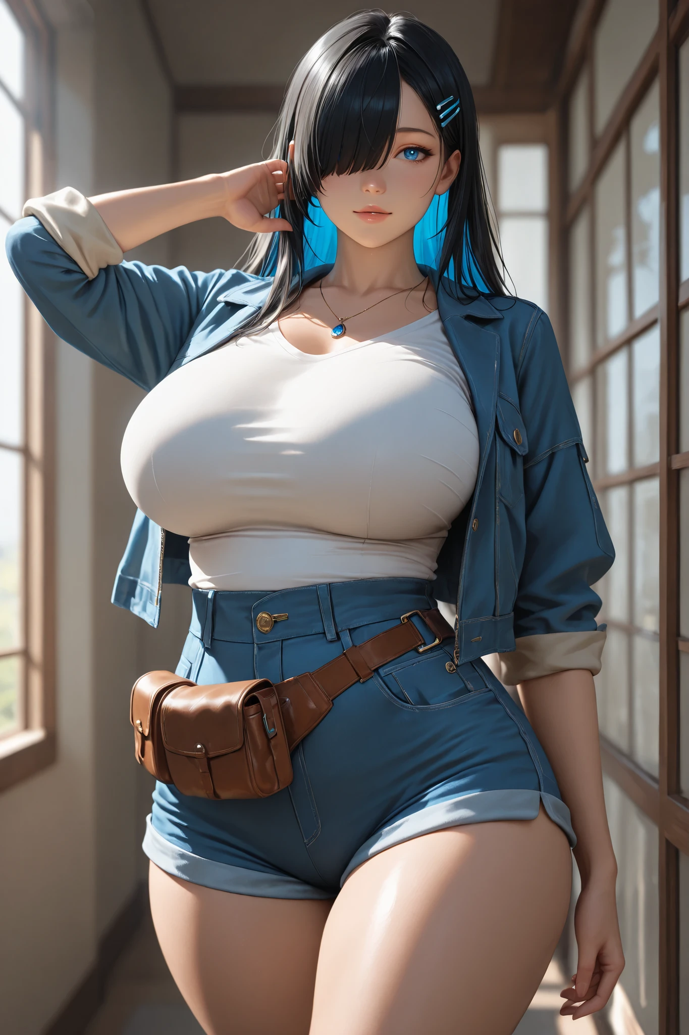 (best quality, masterpiece), 50yo beautiful girl,glasses,denim overalls,(naked),hot pants,side undercut hair,sneaker,(heavy makeup),(wrinkle),huge sagging breasts,necklace,hoop earring,in crowded campground,smirk,arms behind head,showing off armpits,smirk,absurdres