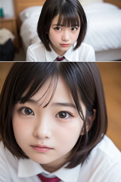 japanese woman、high school girl、17 years old、very cute, very short hair break (high school uniform:1.3) break classroom、(very embarrassed:1.3), (blush:1.3), (Sad face:1.3)、(Watery eye:1.2)、Looking up at the camera、(mouth open:1.2)、(cum on face:1.6)、(I put my hand over my mouth:1.3)、(various shooting angles:1.3)、medium breast, nsfw、highest quality, Detailed workmanship、high resolution、(8K, High resolution:1.2)、raw photo, photorealistic、slender body shape、high definition face、Face is in focus、high definition eyes、(Focused, symmetrical pupils:1.2)、High-definition and beautiful skin、firm skin、natural makeup、gross lip, High-definition hair texture、masterpiece、