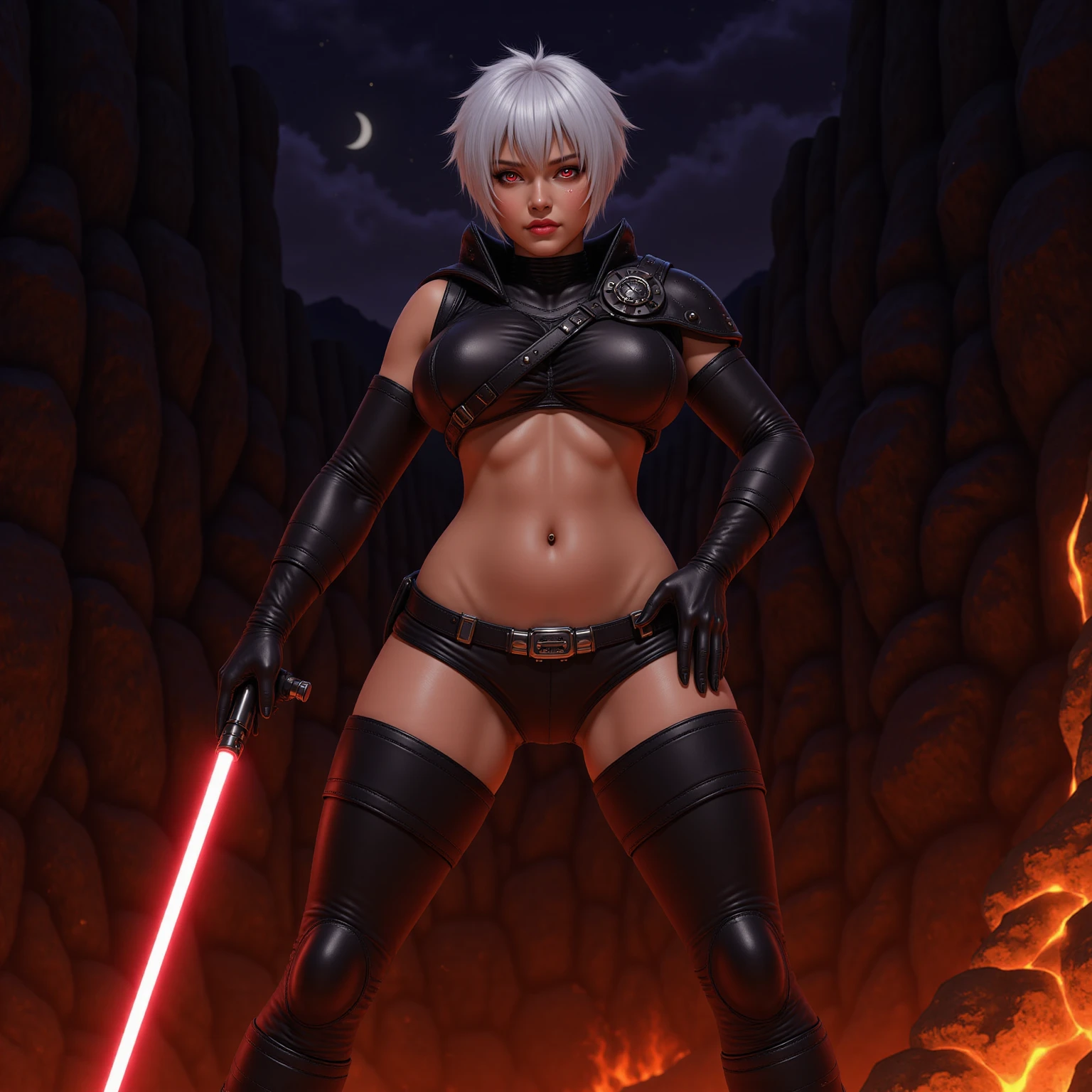 photo Harley Quinn holding two red lightsabers, full body shot, all body parts, epic detailed lightsaber, (wide stance), white hair pigtails, no clothing, black cloak, (briefs), nsfw, (fog), ultra detailed, best quality, masterpiece, aesthetic, photorealistic, atmospheric light, (volume fog)