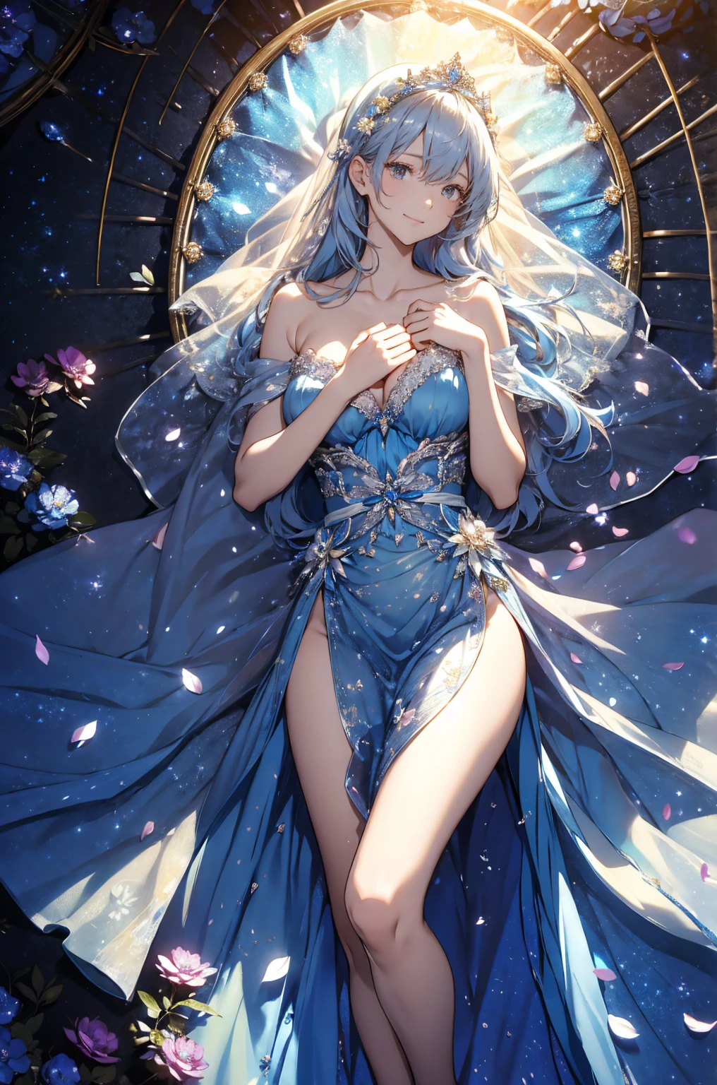 {{{{Crystalline Gemstone Long Gloves}}}},((Beautiful and delicate strawberry blonde wavy hair)),((Crystallize the textured body)),gem body,Crystallization of clothes,((Crystal Texture Skin)),shine, Sparkling,Lens flare, Light leakage, Broken glass，{{{{Dark blue wedding dress with delicate jewels}}}},,Beautiful detailed jewel sky, Sea of Gems,Silver grey beautiful eyes,earrings,full body shot,Warlike,Intricately braided hair,tie hair,pillar of light,night sky,star々,bangles,sit on a chair,cross your legs,Wings growing from the waist,Valkyrie,Staring into the air