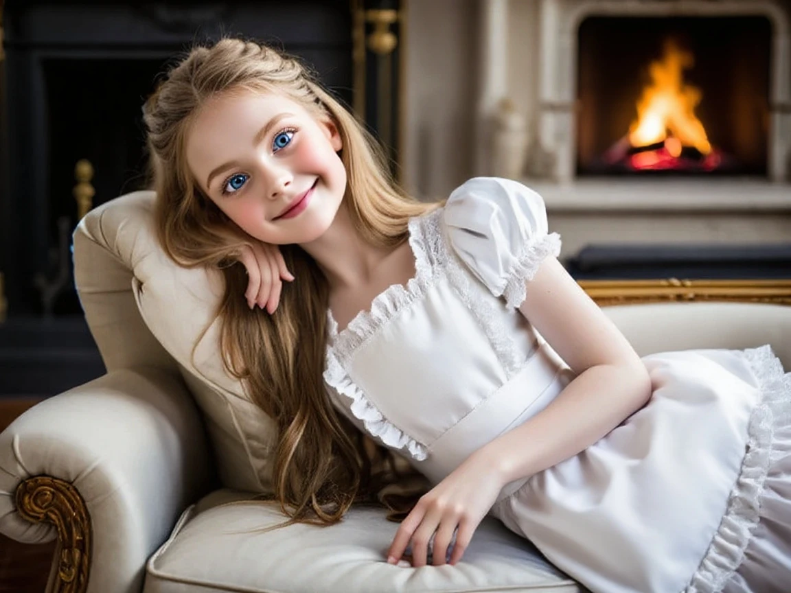 A beautiful adorable little Targaryen Princess with long curly platinum blonde hair, She's 5 years old,her face looks like Emilia Clarke, she's cute and smiling, she's wearing a royal cotton white Dress with net, she's playing with her Dolls made of wool, photorealistic