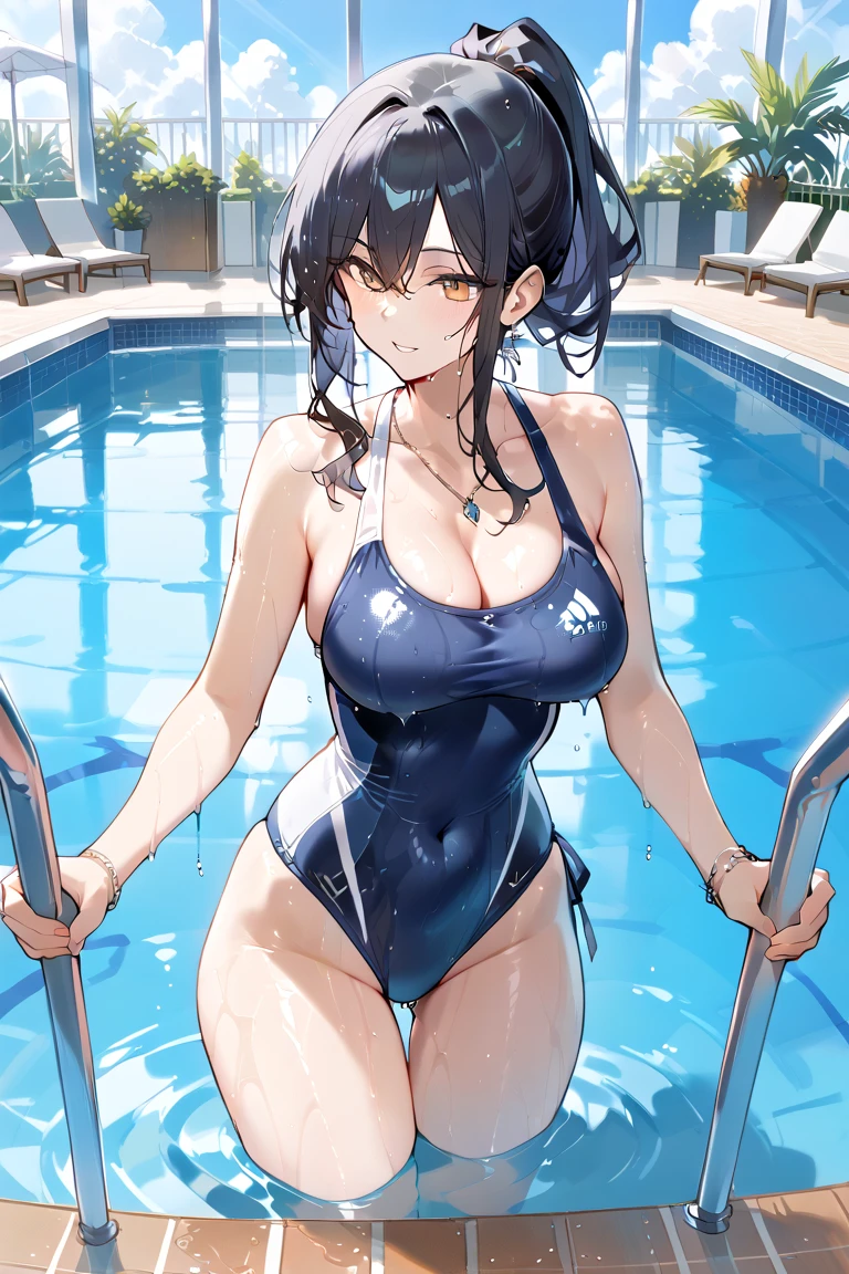 ((masuter piece　Top image quality　top-quality)) ((30 years old beautiful))　((Yellow erotic transparent swimsuit))　sun burn　Sunny poolside