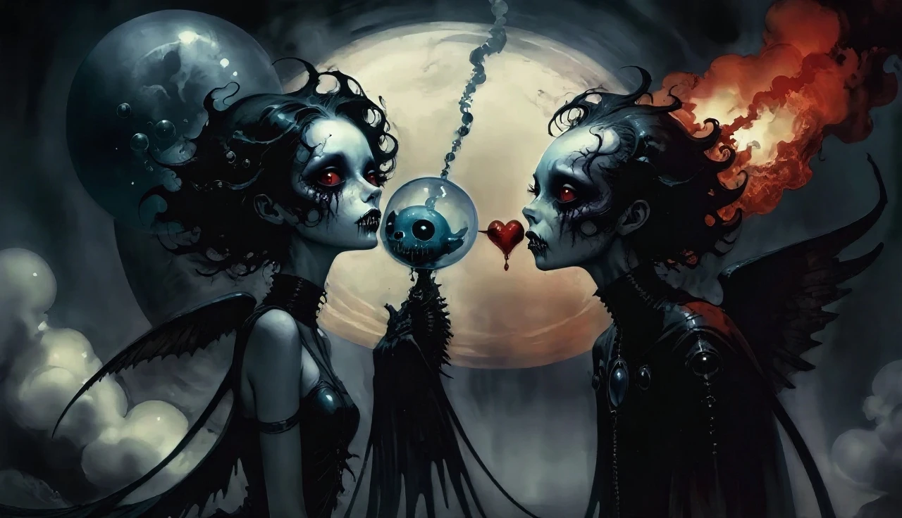 High Resolution, High Quality , Masterpiece .Hyper-realistic ink drawing with surreal colors, elements of absurdity in the style of Gerald Brom featuring post mortems aflame as a reference to tim Burton,bloodletting, broken hearts, pillls, and hemoglobin bubbles ascending into a firie sky, chiaroscuro lighting enhancing symbols of departed love, a Ufo adorned with angels emitting an air of melancholy, atmospheric mood. Macabre horror,scary stories slight details, surrealism, expressionism