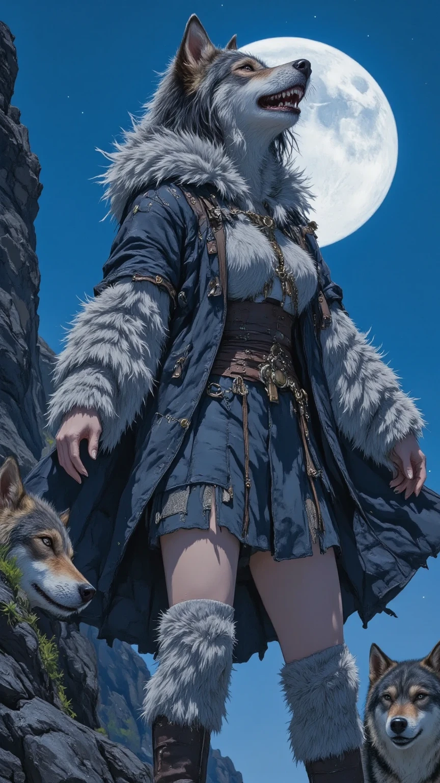 pack of wolves,ears back,ears forward,white,black,snarling,wolf,illustration-fen,masterpiece、top quality、Detailed Expressions、Exquisitely Balanced Composition Using Margins、8k、Extremely Realistic、anatomically accurate hands and fingers、Balanced proportions、A woman wearing wolf fur who reigns supreme at the top of the werewolf tribe howls at the tip of a high cliff in a ravine on a full moon night、open your arms, look up at the night sky, open your mouth wide, and scream、Japanese、short black hair、Wear the fur of a silver wolf's full head on your head、bushy silver wolf fur cloak、Black chest cloth and waist cloth、Silver Wolf Fur Leg Warmers、Group of Dependent Wolves、Blue Full Moon and Night Sky、High Cliff、Wear a Proud Atmosphere of Solitude