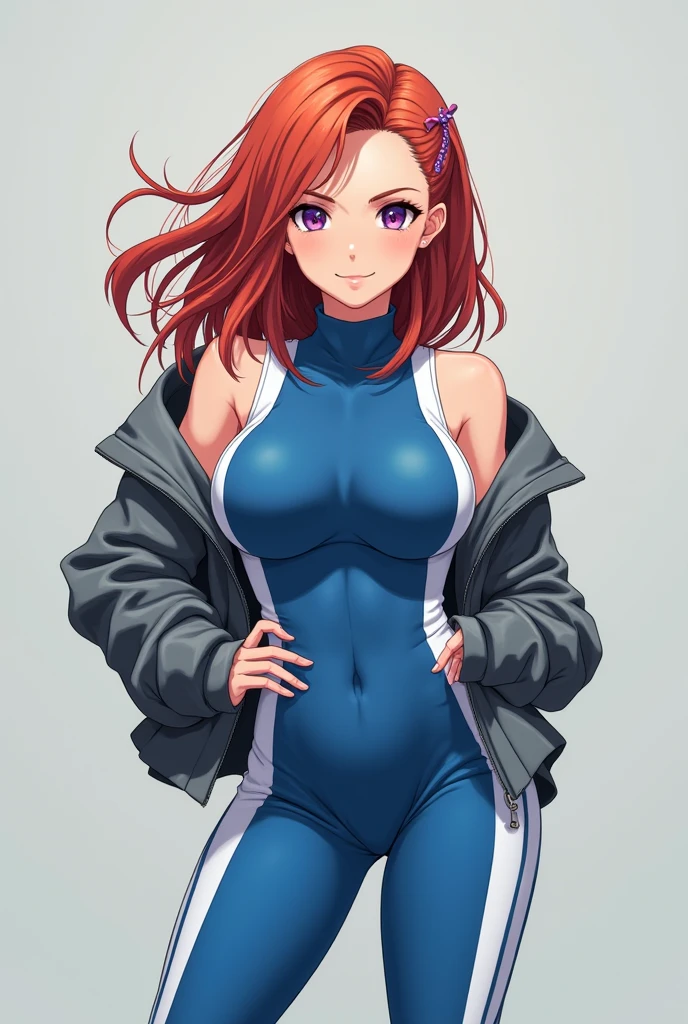 Masterpiece,best quality,Solo,LLCHAR, cowboy shot,Nishikino maki, standing, hands on hips, looking at viewer,purple eyes, smile, in gym, pink one-piece swimsuit, Closed mouth, after workout ,skin tight, cleavage