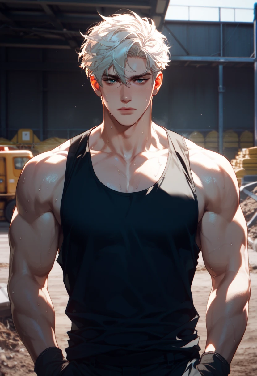 White hair, white skin, upper body, 6-pack abs, men, blue left eye, red right eye, standing in front of the first machine --auto