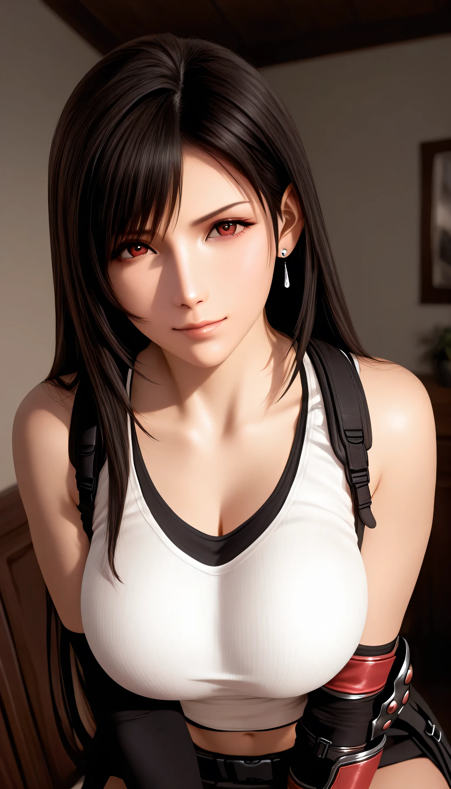 (8K, highest quality, table top:1.4), (intricate details:1.3), (realistic), (super detailed), 1 girl, alone, Beautiful woman, mature woman, (Sensual smile:1.35), Front view, (leaning forward:1.2), looking at the viewer, tropical resort, detailed long hair, (fluffy long black hair), fine eyes, hourglass body shape, (Sensual curvy body:1.1), medium breasts, thick thighs, wide hips, small waist, white tanktop, black mini skirt, realistic lighting, natural soft light, dynamic lighting, red eyes, show cleavage, sleeveless