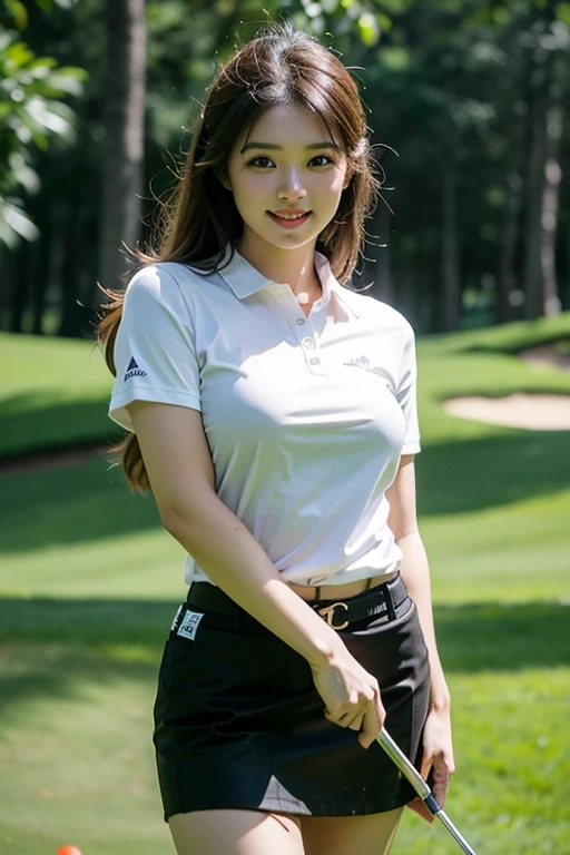 (((Masterpiece，highest quality，Highest quality，8k))),((Ultra-high resolution，Extremely detailed)),(Draw in detail),Hyper Quality，Beautiful Japanese woman in golf wear, Female college student，Gal，detailed bodyline，Golf course,Professional Golfer,Golf club，Beauty，sexy，glamorous，tall，Light brown hair，ponytail,Large Breasts,G-Cup,Big Ass,Sun visor,Sleeveless Polo Shirt(Wearing clothes next to the skin)，mini skirt,Knee-high socks,squat,Get down on one knee，Skirt flip, (Female college studentがグリーンで女性キャディーとパッティングラインを見ている様子)