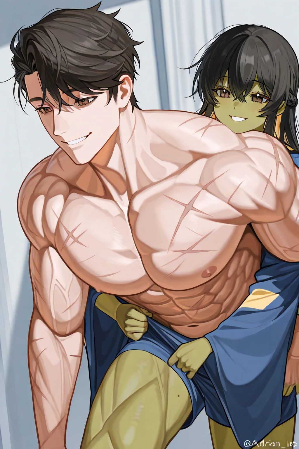 2 children,locker room,muscle size difference,male swimsuit,soft shading, mbbbbb , Link ,toon Link