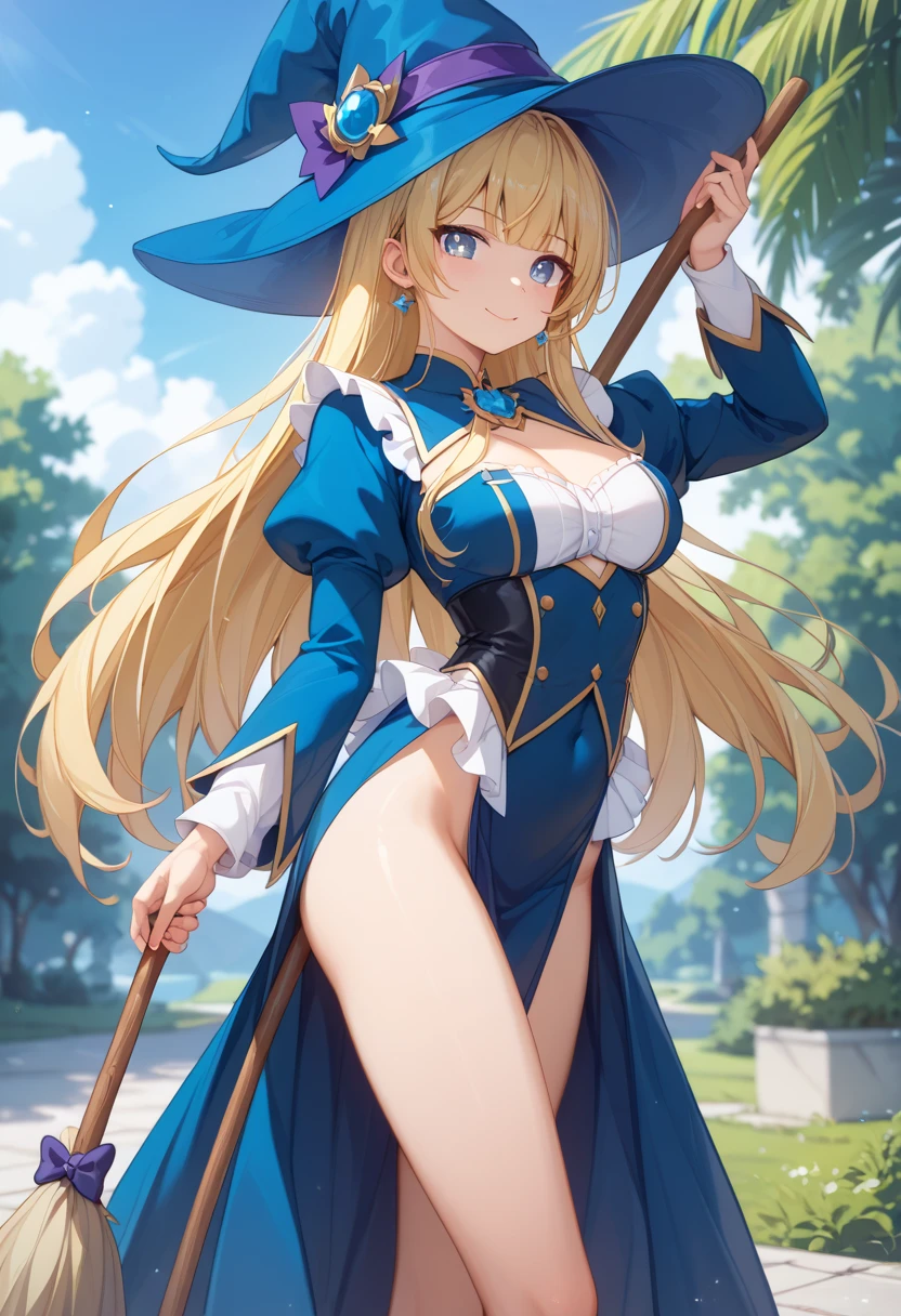 1girl, solo, long hair, breasts, looking at viewer, blonde hair, simple background, thighhighs, gloves, hat, white background, holding, full body, yellow eyes, weapon, small breasts, boots, black gloves, star (symbol), holding weapon, high heels, leotard, highleg, highleg leotard