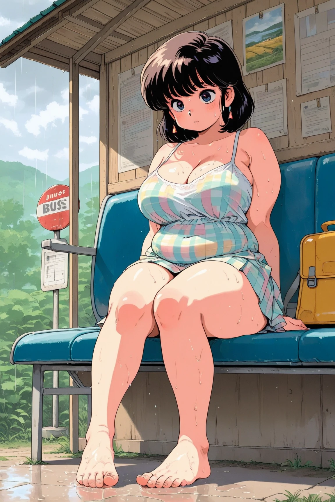 A female tramp is squatting, Wearing a shabby T-shirt, Wearing white underwear, emphasize her cleavage, sweating, And blush.