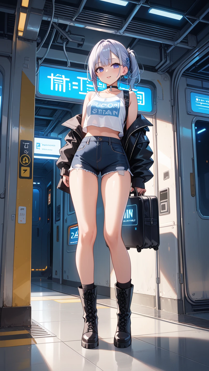 "Top CG, best quality, masterpiece, Gentle beautiful girl, White skin, Perfect facial features, Close-up facial features, Bright Eyes, red lips, Exquisite smile, Beautiful and heroic, necklace, Lace hollow collar, earrings, Black Hair, shiny, Transparent and visible skin, Upper body red long coat, Transparent plastic deep V-neck T-shirt lining, Showing breasts, close-up Showing breasts, Wearing a mesh skirt, 4k picture quality, Urban Beauty, modern City, Lace cutout socks, realism, City, TRAIN STATION, Qixi Festival, Standing, stroll, motion capture, Shopping, Wide-angle lens, Left leg thigh lace tie long hair, 精致Perfect facial features, Perfect face shape, Light makeup, Liu Yemei, beautiful big eyes, Clear colored eyes, Sweet eyes and eye bags, Long eyelashes, Small upturned nose, moist and glowing lips, ((slim, golden ratio curve)), radiant skin, (((top: Printing T-Frame)), ((Bottoms: Denim shorts, ((Footwear: sports shoes)), ((at the airport, Detailed description, In front of the airport counter, permanent)), For the audience, Doppelgänger shot, Highest precision, Precise and perfect human structure, masterpiece, Best image quality, higher quality, High Detail, Ultra-high resolution, 8k resolution, Super fine details, Surreal photos, Pixel perfect white hair、Close-up of Miss wearing white mask, Beautiful character painting, guweiz, Gurwitz-style artwork, White-haired god, author：Yang Jie, Epic and beautiful character art, Stunning character art, author：Fan Qi, by Wuzhun Shifan, pixiv Art Street Guviz, Single ponytail, insult, High Ponytail, Tall and big, Long legs, (sleeveless lace shirt), (shorts), (Striped )), ((Striped )), Walk, elegant, dignified, Miss, Beautiful curves, sweet smile, Strong sense of detail and layering, color丰富绚丽, Has a unique texture, rich and colorful, color, vivid, Design Art, 16K, Super detailed, {{illustration}}, {Extremely refined}, {Exquisite surface treatment}, Super detailed, Delicate and shining eyes, {{light}}, 极致light效果, Model: realism, CFG size: 12, Laura: Bright texture (1.35), high quality, masterpiece, Exquisite facial features, Delicate hair depiction, Detailed depiction of the eyes, masterpiece, best quality, Ray tracing, Extremely detailed CG unified 8k wallpaper, masterpiece, best quality, (1 girl), 完美Miss身材, (((Skinny white T-shirt))), beautiful eyes, (Delicate face), short black hair, Tie your hair up, light blue hairpin, Black silk frame glasses, in class, (White skin), (Optimal lighting), (Super intricate details), 4k unity, (Super detailed CG), Showing off her white legs, , Hot Pants, shorts,