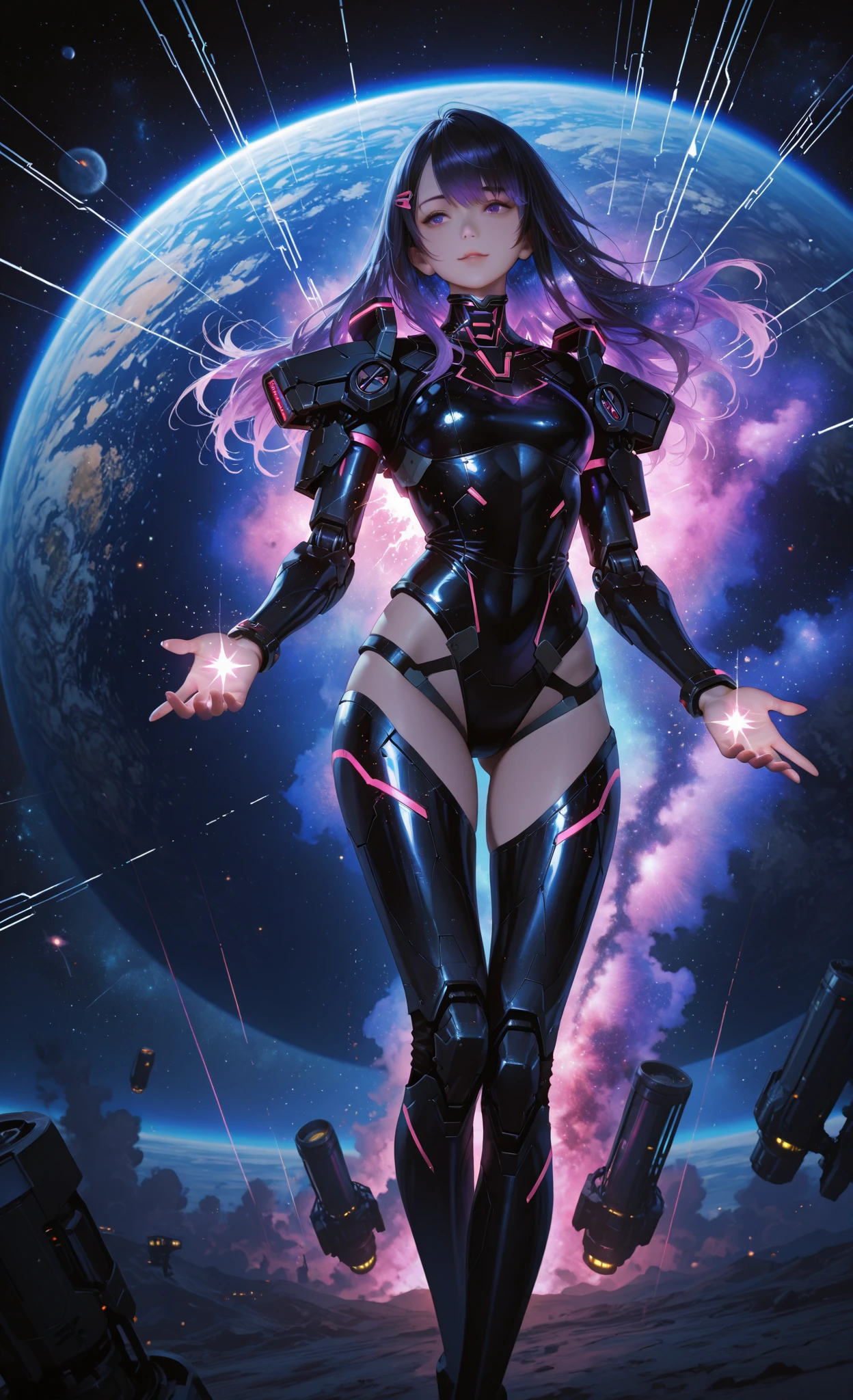 Luciwilde is a sexy cyborg with a entirely electric purple metallic body(obviously mechanical), metal helmet stylized as a fashion model hairdo (no hair visible), and a completely human face. She is flying through space propelled by jets in her feet. She has a guitar with a laser rifle built into it. Full body shot, show all of her, action pose with her weapon, best quality, extreme attention to detail, beautiful face
