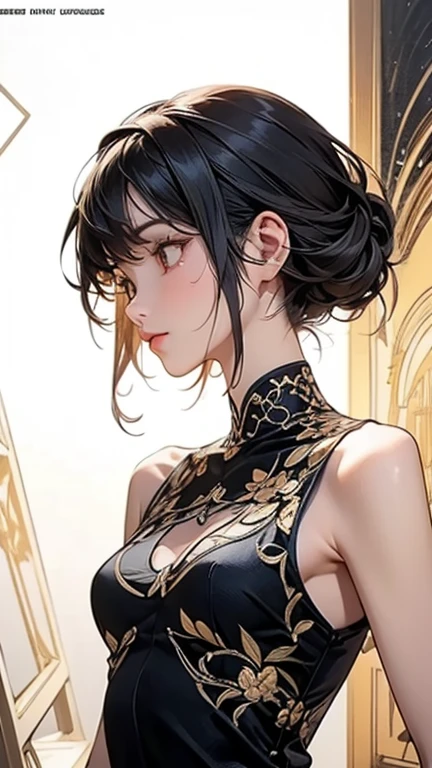 girl,full body,(detailed face:1.2), masterpiece, fashion,chinese dress,, medium hair, black hair, twintails, blunt bangs, brown eyes,