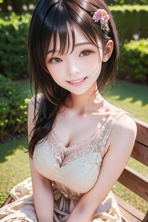 ((highest quality、Masterpiece、High resolution))、(((Zoom photo from above)))、(A shy smile:1.2)、One woman、Sportswear、Cleavage、Trimmed bangs、Straight Hair、room