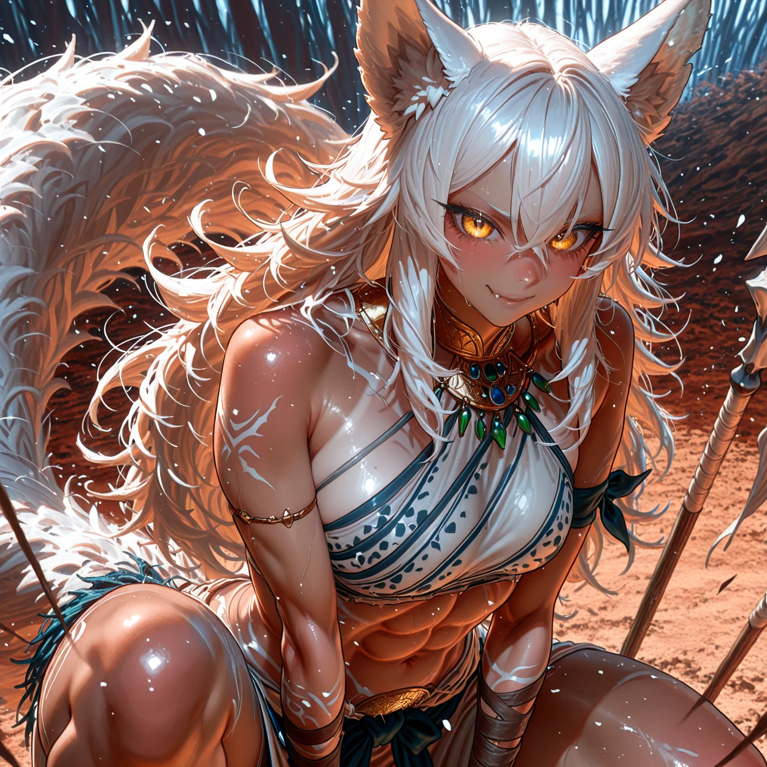 ((Best quality)), ((masterpiece)), ((highly intricate details)),beautiful, high quality, highres, absurdres, light difussion, intricate details, complex details, ((anime)), (anime:1.2) , (perfect face:1.3), extreme detailed eyes, colorful, highest detailed, vibrant colors, high contrast, (8K UHD:1.2), (photorealistic:1.2),(masterpiece:1.4), (best quality:1.4), realistic,(best quality, ultra-detailed, (cat-beast hunter:1.8),
(A cat-beast hunter who lives in a lush forest. He wears elaborate and beautiful ornaments made of plants. His eyes are brightly colored and shining. Moonlight shines through the dense forest. Detailed drawing. Vivid colors. High image quality:1.5),
(The protagonist looks up at the A large tree from below: 1.2),
(Vivid colors:1.1), (paradise nymph:1.2), (Glowing butterfly:1), (glowing petals:1.1),
(mandala:1.1), (pattern:1), (design:1), (spiral:1), (Colorful floral pattern:1),
(Wormhole world:1.1),
(masterpiece:1.3), (illustration:1.1), (best quality:1.1), (best aethetic:1), (beautiful art:1.2), (ultra-detailed:1.2), (8k), (HDR), (sharp focus), (intricate),LowRA
 , clean body, abs, (body builder:1.5),muscular,beautiful muscle,((female,girl)),busty,curvy,sexy,((big eyes,perfect eyes, beautiful eyes))