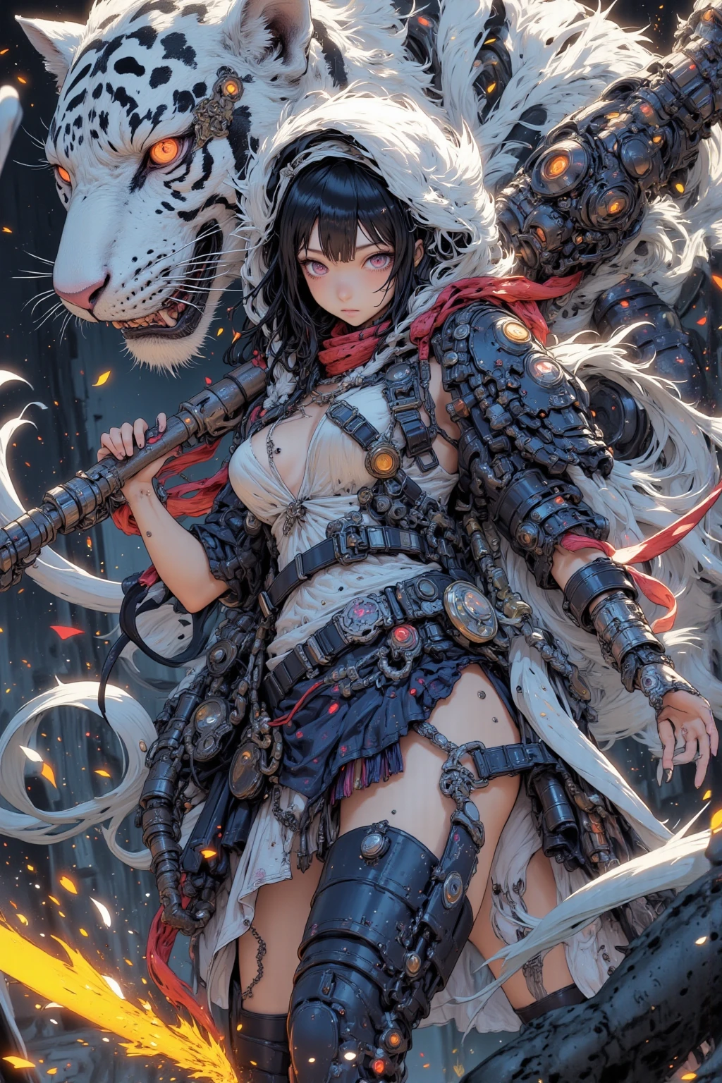 (best quality), oriental detailed background, , science fiction,mechanical arms, guro,zombie_girl with man ,monster