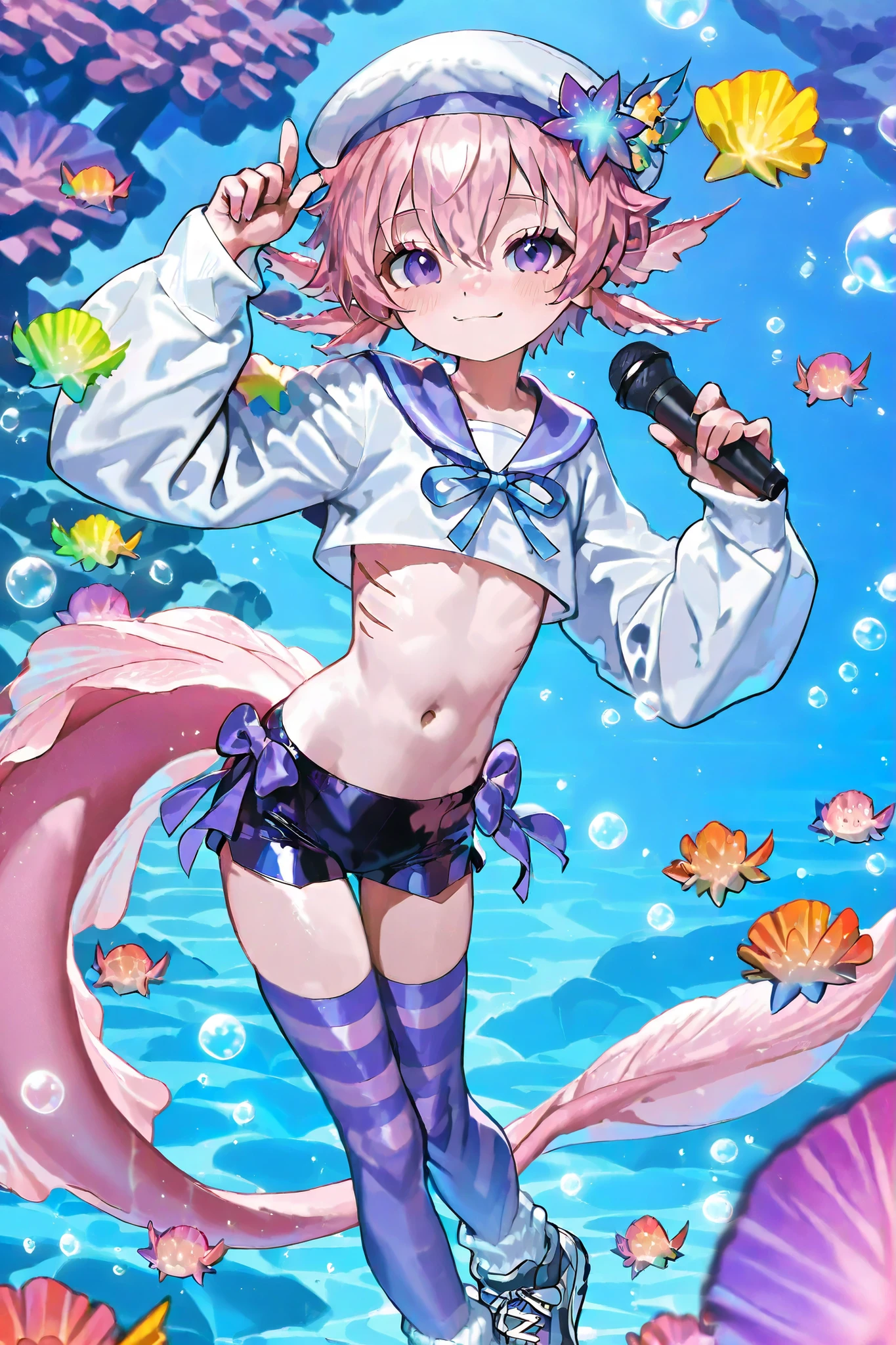 (male/boy character) The femboy idol. Beastman/furry/anthropomorphic axolotl. He has light pink skin covered with blush. He has a petite, flat-chested androgynous body structure. He has two-tone emerald-purple eyes. He has pink short hair with Two-block boy's haircut. He has six pink external gills of an axolotl on his head. He has ear fins. He has an axolotl tail with a pink fin and is decorated with a blue ribbon with a bow. He has a dorsal fin. He's wearing blue skin-tight mini shorts. He's wearing a babyblue sailor mini top decorated with purple bows. He wears babyblue sailor cap on his head. He has striped purple stockings, white warmers decorated with starfish,perls and seashells, and oversized babyblue sneakers. On the background: a marine-style stage with sea decoration algae,colorful corals, marine reef, reef fish, bubbles, microphone, spotlights, an idol concert.
