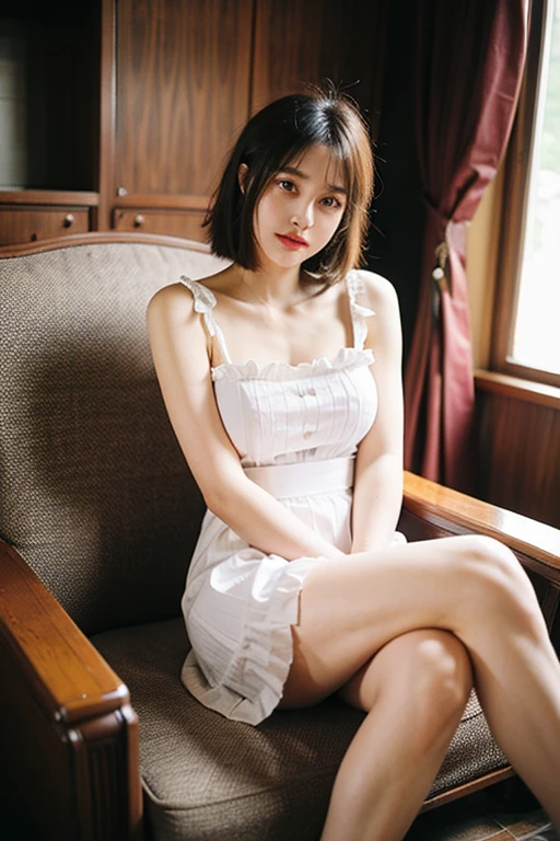 (Best quality: 1.5), (Realistic: 1.5), (1 person: 1.5), (Medium shot: 1.5), Highly detailed, High resolution, 8k, Medium breasts, Natural colored lips, Cute smile, Japanese woman, 20-year-old girl, beautiful and elegant features, perfect and beautiful face, large eyes with good balance between the left and right sides, brunette eyes, beautiful and elegant features, beautiful double eyelids, natural bangs, beautiful thin nose, Beautiful skin, fair skin, (medium bob hair), natural bangs, perfect and beautiful face, slim face and figure, (looks at the camera with a sweet smile), bright lighting, professional lighting, forward lighting, (wearing off-shoulder dress with lace), the finest dress, (micro miniskirt dress with lace) , ((garter belt)), knee-length lace stockings with lace, girl relaxing sitting on a luxury sofa,
