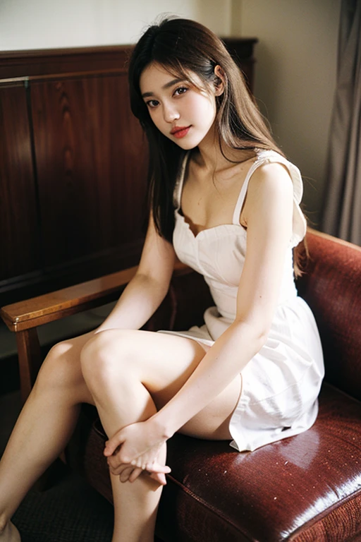 Beautiful 25 year old tall and slender woman。perfect legs. perfect face. She is fashion model. She is staying in the old classic church. She is wearing a wedding dress that a leg is visible. She is illuminated by sunset light. the evening church lights is on . her dark brawn hair. High resolution、masterpiece、highest quality、頭w:1.0、((Hasselblad Photos))、fine skin、(movie lighting)、clavicle . full body picture.