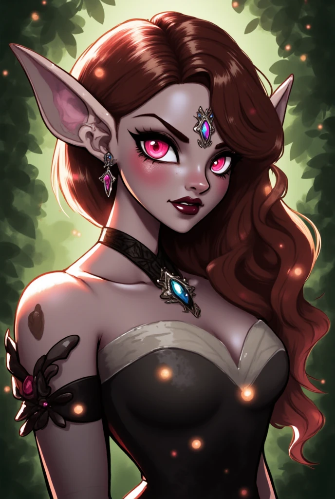 female character, a sorceress nude photos, red hair color and purple eyes.