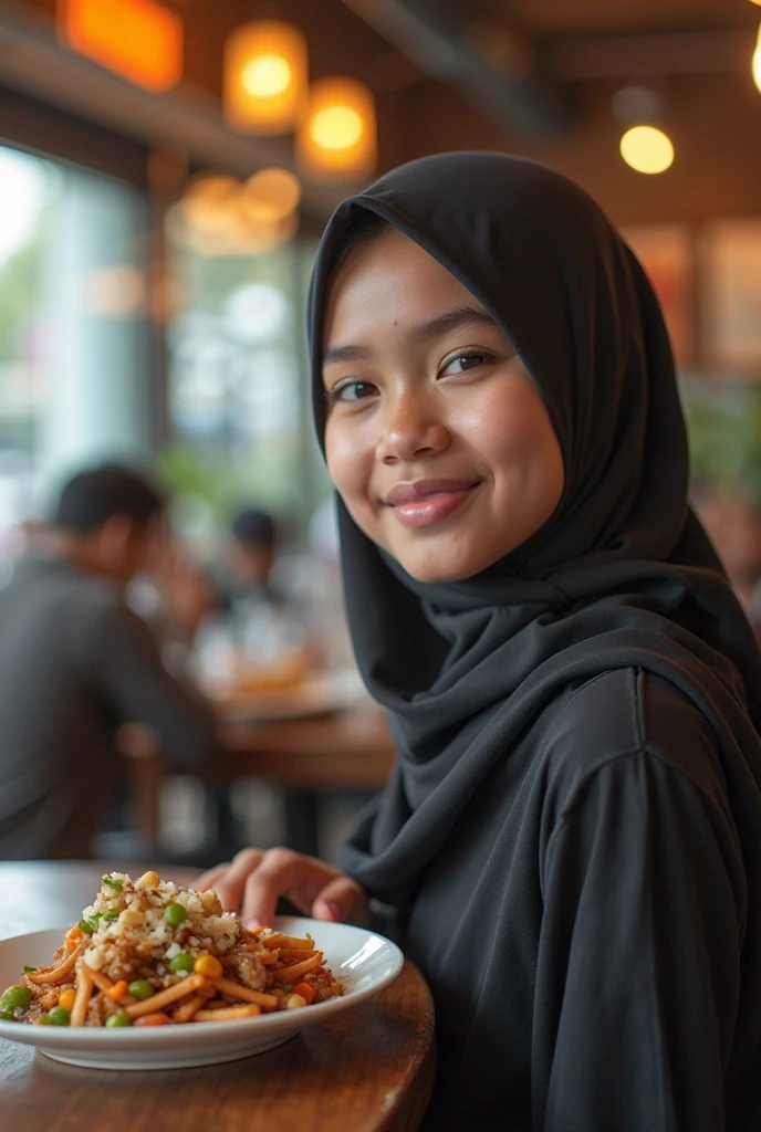 A Malay lady wearing hijab eating rice in the restaurant.in front of her there is fresh orange in the glass.she is smiling with mesmerising expression.