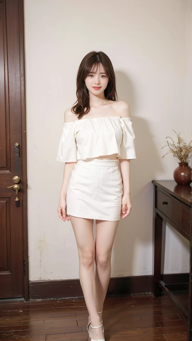 NSFW, 8k RAW photos, highest quality, masterpiece, Ultra-high resolution, Film Grain, movie, 1 Girl, Watching the audience, Natural skin texture, Realistic eyes and facial details, full 唇, Lip tick, (compensate), Red eyeshadow, Fluffy short hair, Messy Hair, smile, Close your mouth, beautiful foot, Tall Woman, skinny, slim_foot, alone, Cleavage, Pose with your butt facing towards yourself, Super short skirt, teeth, shirt, Beautiful natural location, Around the flower place, (Detailed Background), Check pattern skirt, white shirt, Show, (Gentle, goddess-like eyes:1.2), (happiness:1.2), (Lip gloss, eyelash, Gloss Face, Ultra-high resolution, Natural Shading), nipple