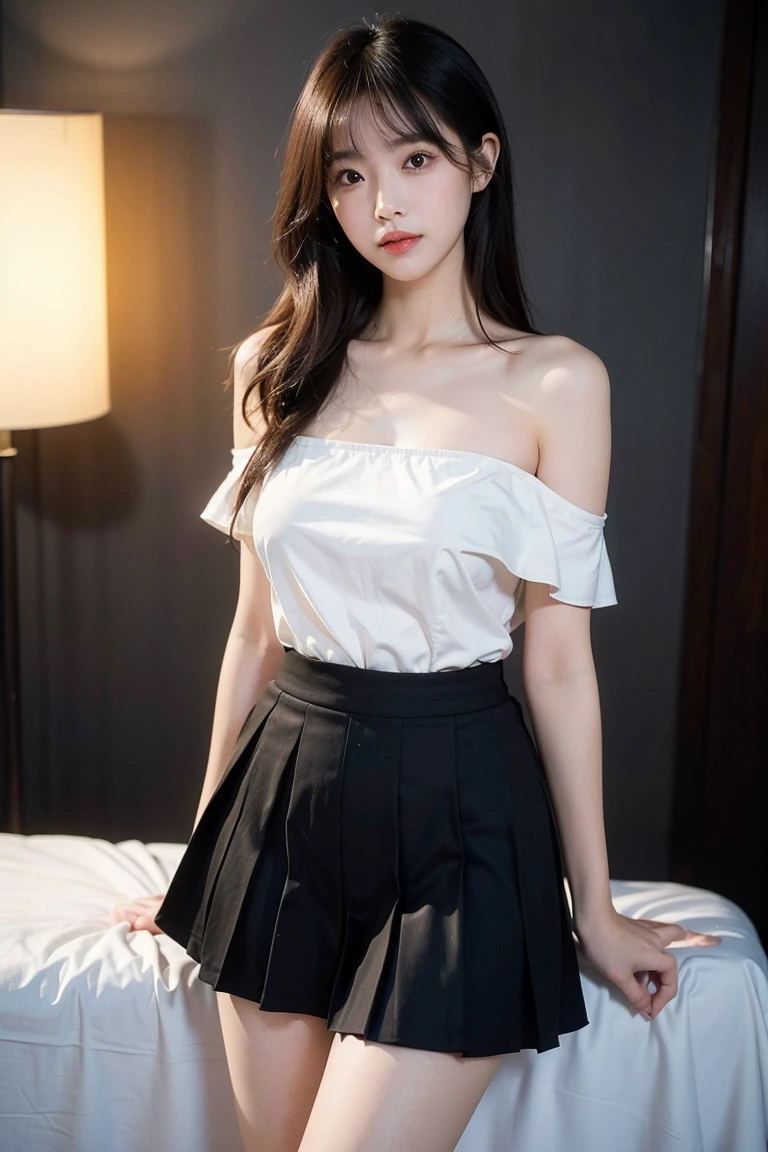 Reality, high resolution, Soft Light,1 Woman, Solitary, Hip lift, 查look查look器, (Delicate face), long hair, on the bed, 从下往上look, Showing underwear, look, secretary_, Black skirt, Pantyhose, Tattoo, Jewelry