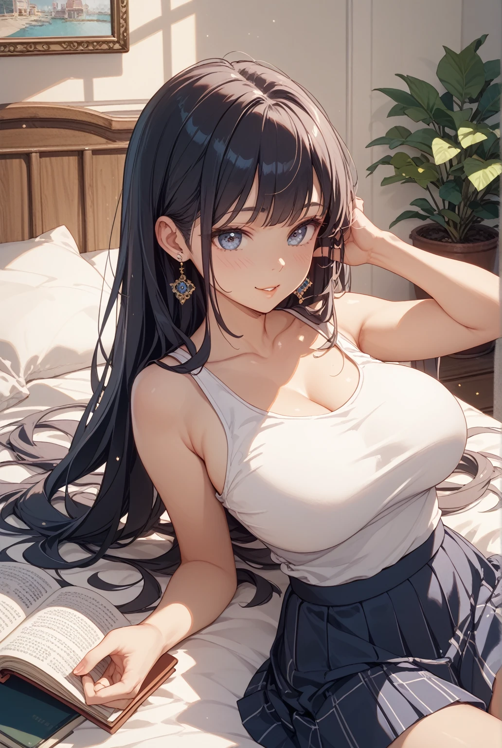 masterpiece, best quality, highres, 1girl, white (tank top:1.2) , sideboob, stunning, gorgeous woman, girl boss, jewelry, earrings, necklace, sexy attire, long hair, looking at viewer, Medium Breasts, Bracelet, Charm, Band, Wrist, Necklace, Chain, Charm, Neck, <lora:sideboobaDogu:0.8>