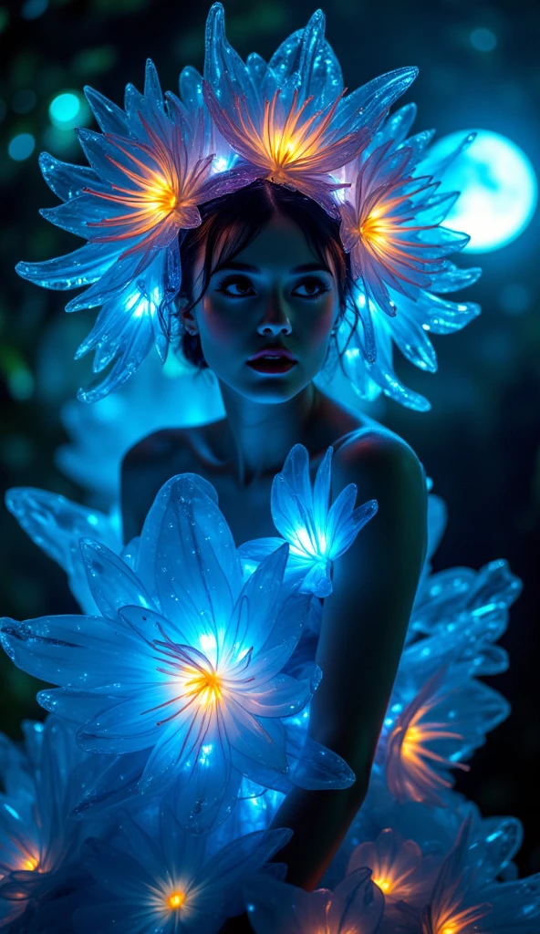 a charming anthropomorphic strong bioluminescent full bodygirl, translucent skin, strong glowing bioluminescent details, ethereal atmospheric lighting, dramatic chiaroscuro lighting, rich color palette, dreamlike fantasy, digital painting, hyperrealistic, 8k, high quality, intricate details, masterpiece, Nicola Samori