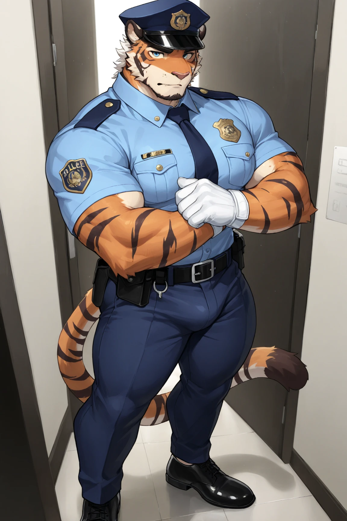 tigre, green eyes, muscular, with police cap, with big pecs, with a big ass