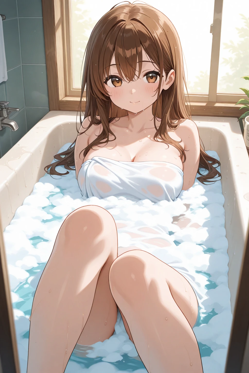 ((1girl:1.2))、((solo:1.5))、(masterpiece、top-quality:1.2)、((Solo Photography))、((Shower water splashes on the body))、drooping eyes、Brown wavy hair、Brown eyes、gals、Look at viewers、stick your butt out、bath room、Wet body、Buttocks、((Three-dimensional big buttocks:1.2))、、Professional Writing、(Highly detailed facial and skin texture)、big eye、long lashes、large full breasts、Gravure photography、Angle of pull、de pele branca、T back、Sexy lighting、enticing、Sheer T-shirt、gals