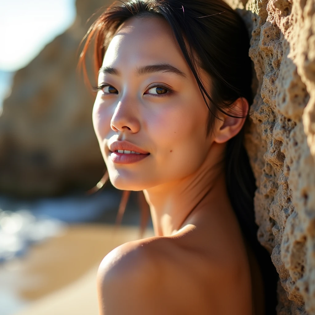 Selfie, photo with gopro camera beautiful girl from hong kong,pelada transando na praia,com um homen musculoso, Wet, sorrir, Sharp face, soft lighting, lente olho de peixe, Brilho solar,