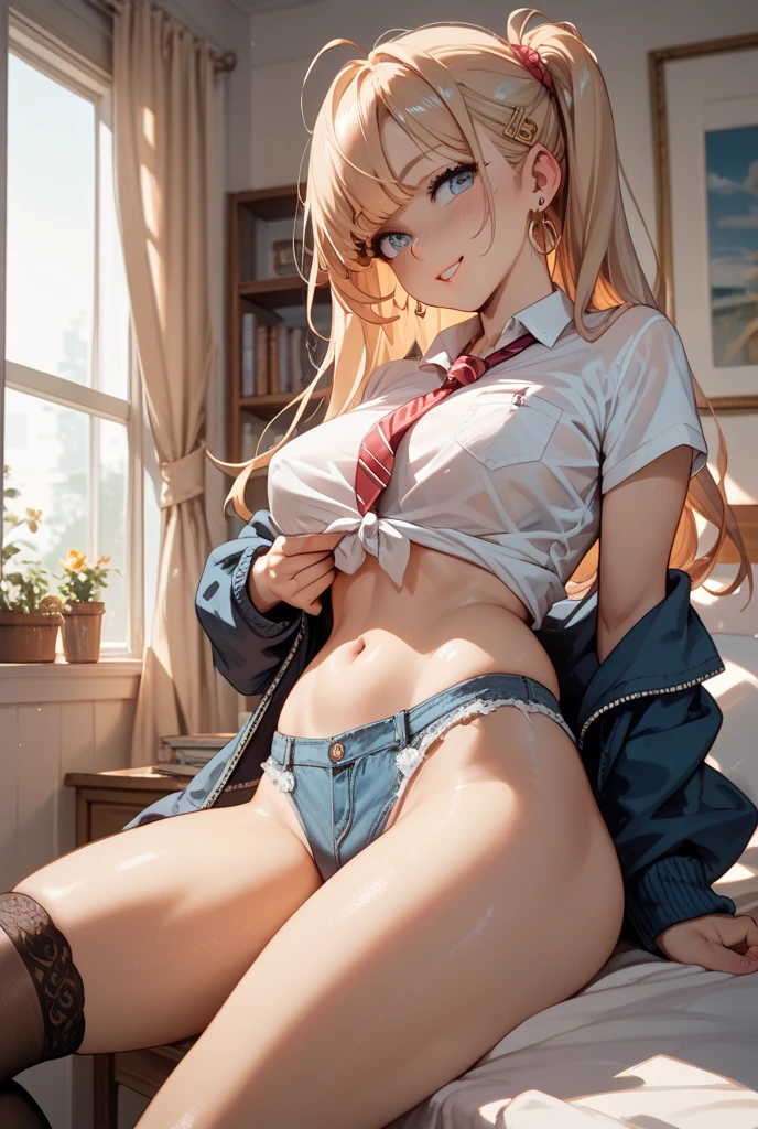 Highest quality,masterpiece, 8k,Very detailed, 1 girl, (solo),  showing pubic area:, JK, (thong), crop top white shirt, (sleeveless), sailor suit, cleavage, half opened mouth, smile, blonde hair, lip details, fine green eyes, double eyelid, spread legs, bedroom, Beautiful Skin, Hair pulled back, glamorous, thin thighs, (underboob), red ribbon tie