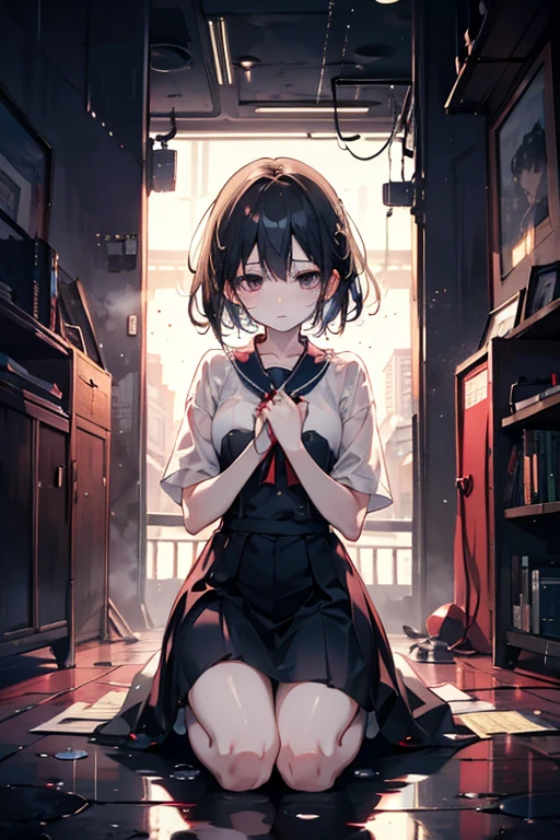 girl with, solo, gothic dress, Rut, Lusting、Kupaa、Perverted look、Twin-tailed, Thigh strap, Long sleeves, Black shirt、skirt rift、Pubic hair shows through、Beautiful naked pubic hair ,more_Details:1.5, More and more_Details:1.9、 Squatting, Looking Down from Below