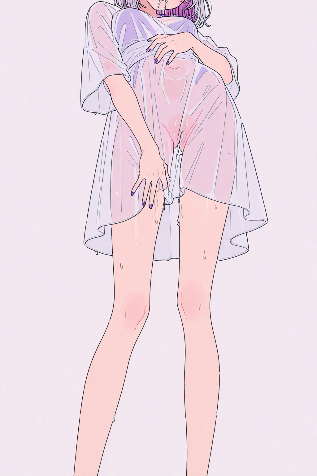 big , White shirt, asian white girl, white body, pose taking shirt off,  legs, wearing pink panties, legs covered in milk, blushing,  on legs
