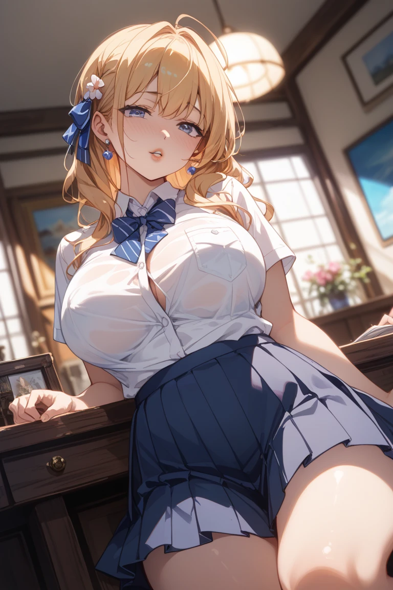 1girl, sitting on desk, breasts squeezed together, leaning forward, from above, upper shot, face close up, tsundere, huge breasts, lime hair, middle curl hair, skyblue eyes, , beige cardigan swimsuit、