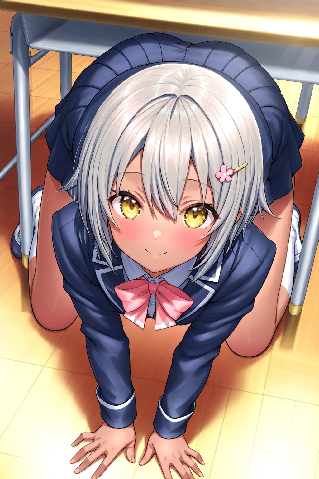 A young girl in , However, her skirt is torn, making her butt visible., many men are around her looking with a mischievous smile as she blushes with embarrassment with her ass exposed on the bus.
