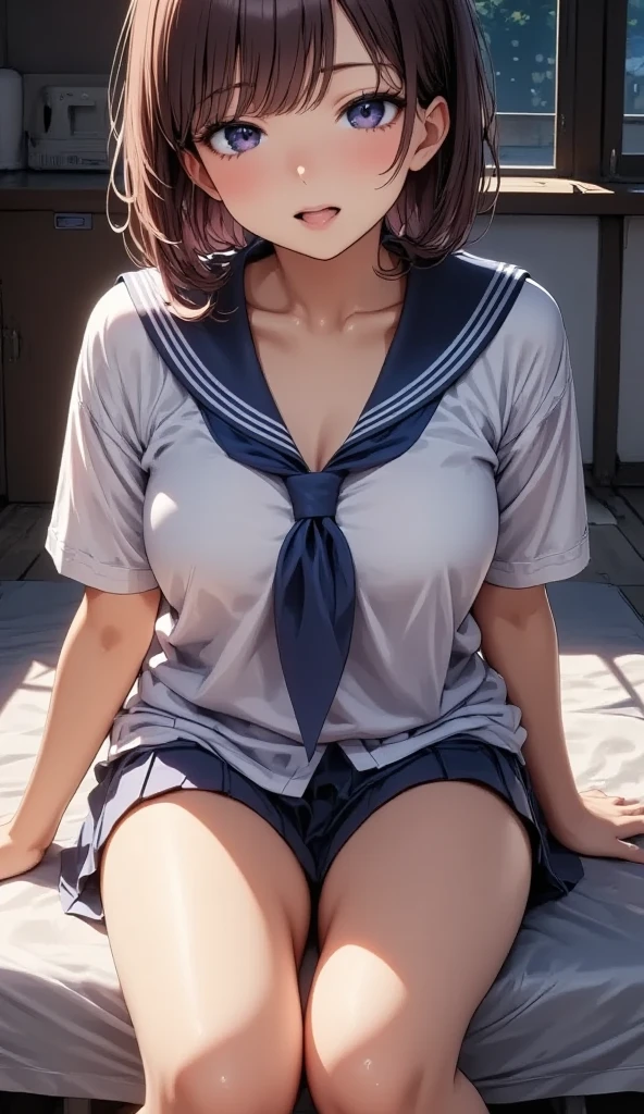 nsfw, (highly detailed beautiful face and eyes:1.2), (((lying))), hamakaze Kantai Collection, nsfw, blue eyes, short hair, grey hair, hairclip, hair ornament, hair over one eye, ((Sailor School uniform)), ((huge breasted)), Brown panties under pantyhose, torn pantyhose, pussy cutout pantyhose, ((white pantie)), 1girl, solo, (lift shirt:1.5), (show off breasts:1.5), (spread legs, legs up), (pleated mini skirt:1.3), from below, (white pantie, lift skirt, pantie shot, blush), (blushing:1.6), (town overview), detailed landscape, (best quality,masterpiece:1.2), intricate details, extremely detailed,8k resolution, natural lighting,