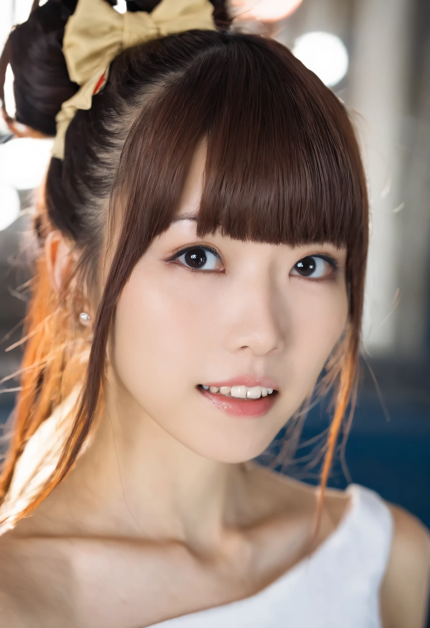 white one peace, flared skirt, a japanese girl named artgravia,She has her hair tied up, solo, looking at viewer, brown hair, long hair, lips, teeth, nose, bangs, upper teeth only, bare shoulders,depth of field,bokeh, asuka saito